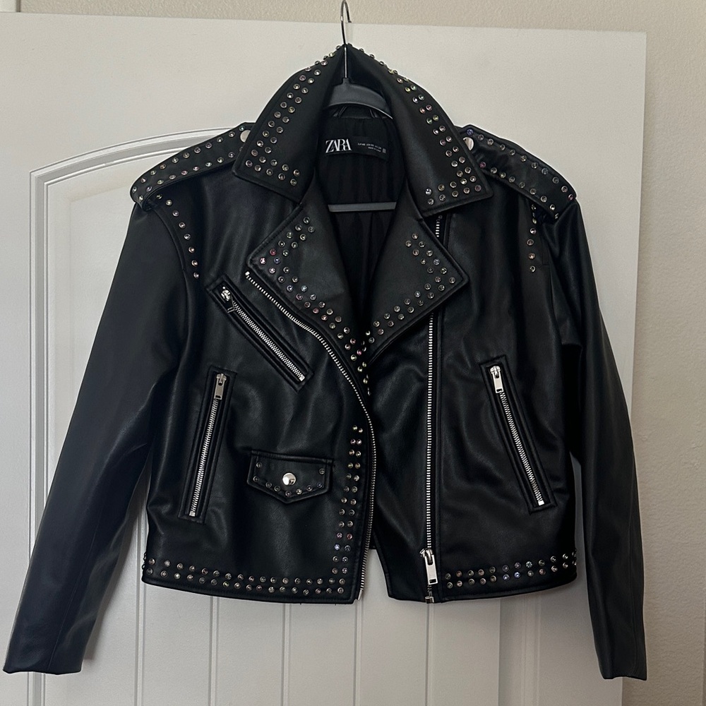 Zara Black Leather Jacket with Stud Accents